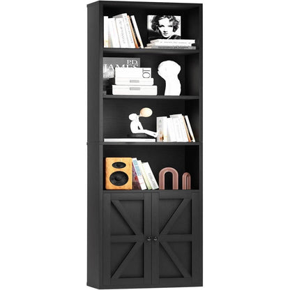 Bücherregal Schwarz mit 2 Türen & 6 Ebenen – Standregal Holz