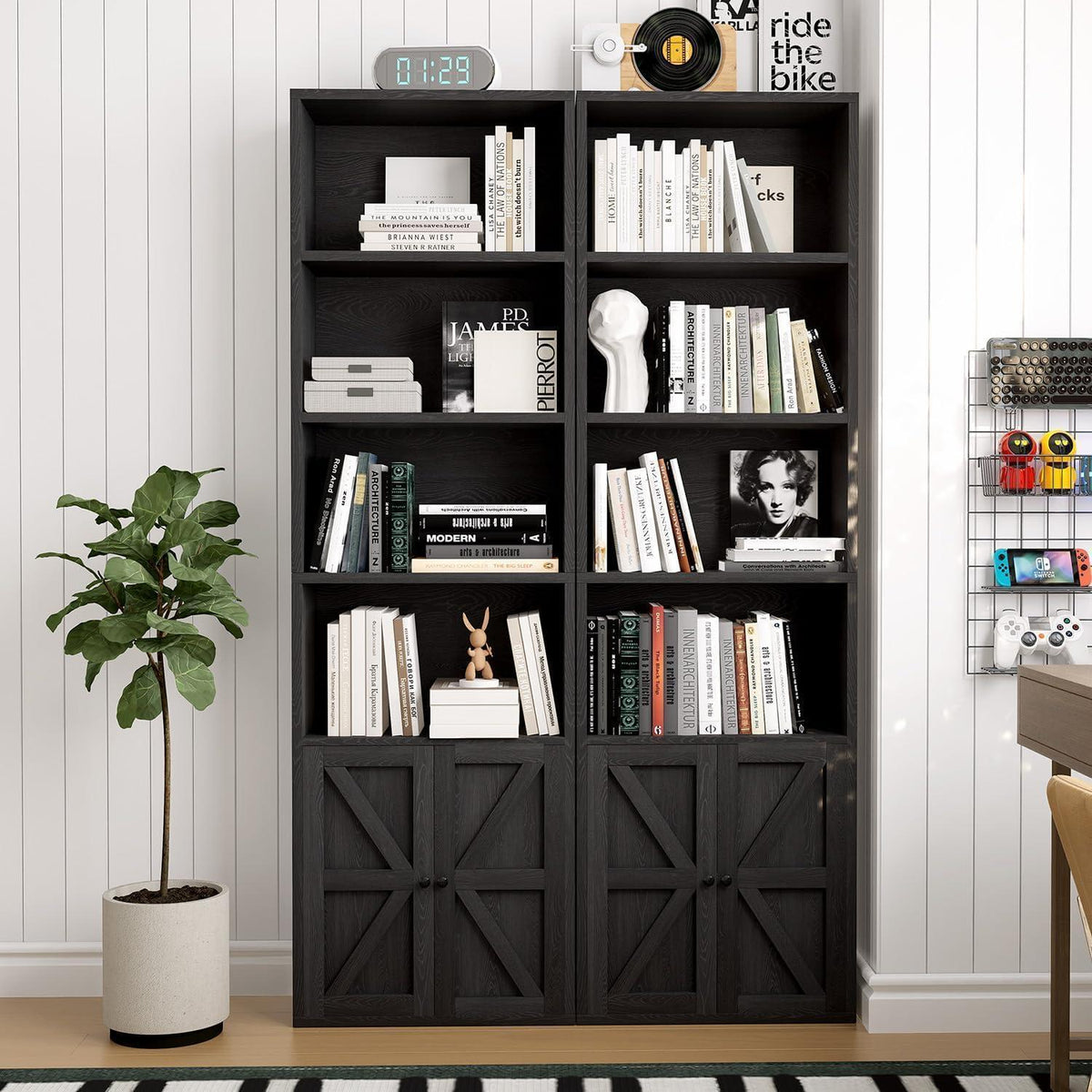 Bücherregal Schwarz mit 2 Türen & 6 Ebenen – Standregal Holz
