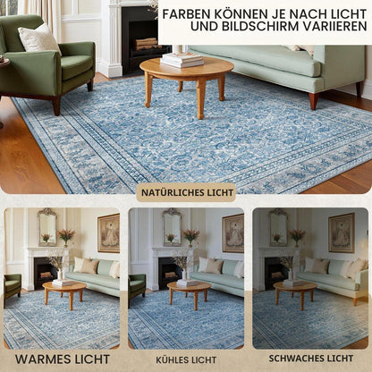 Vintage Teppich Blau 200x290cm – Waschbar & Rutschfest