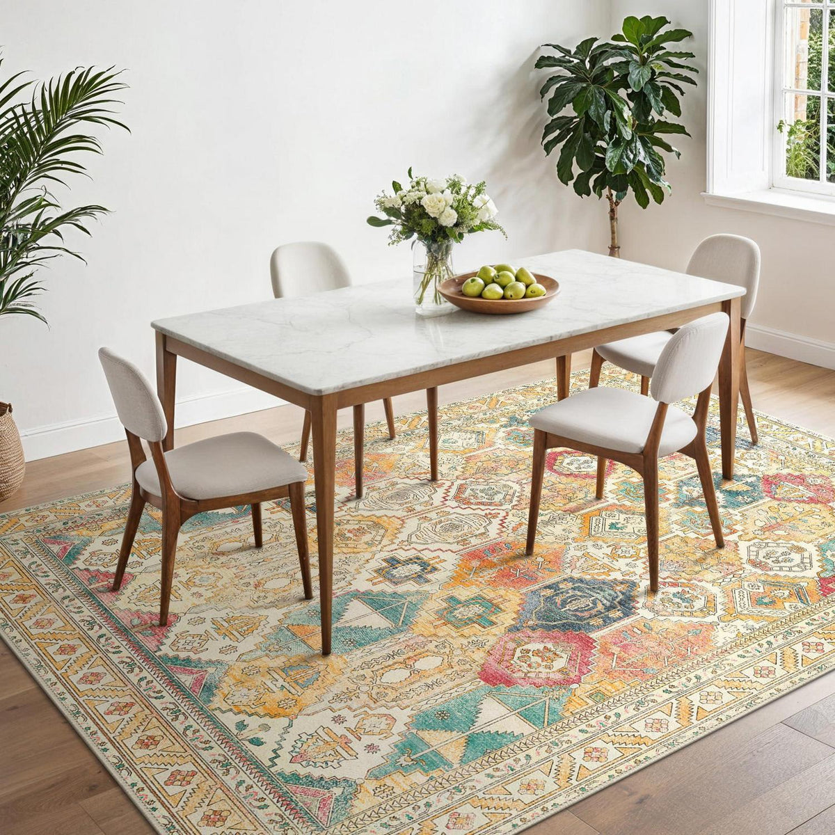 Vintage Teppich Wohnzimmer 150x210cm Gelb Mehrfarbig Rechteckig