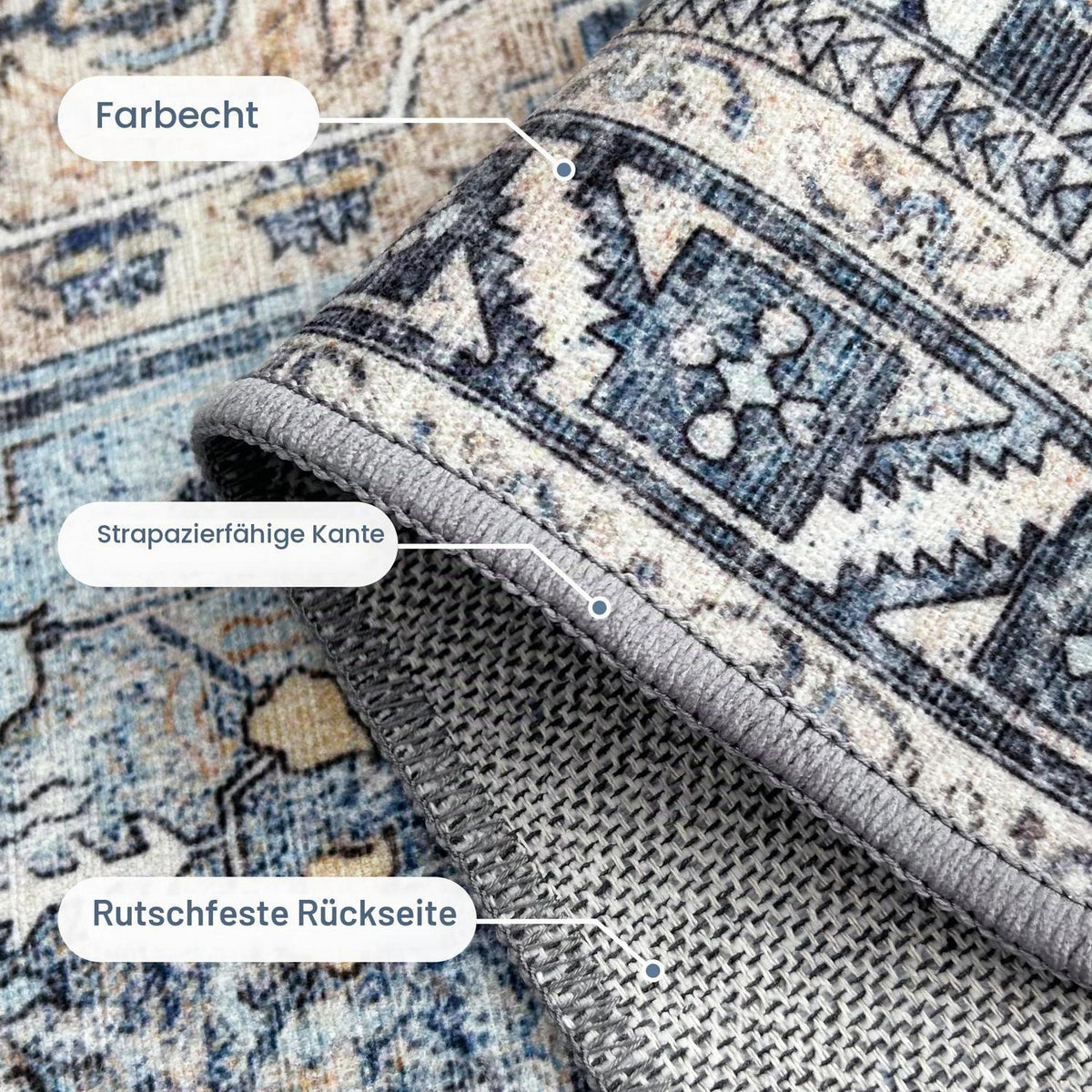 Vintage Teppich Wohnzimmer 200x290cm Blumenblau Rechteckig