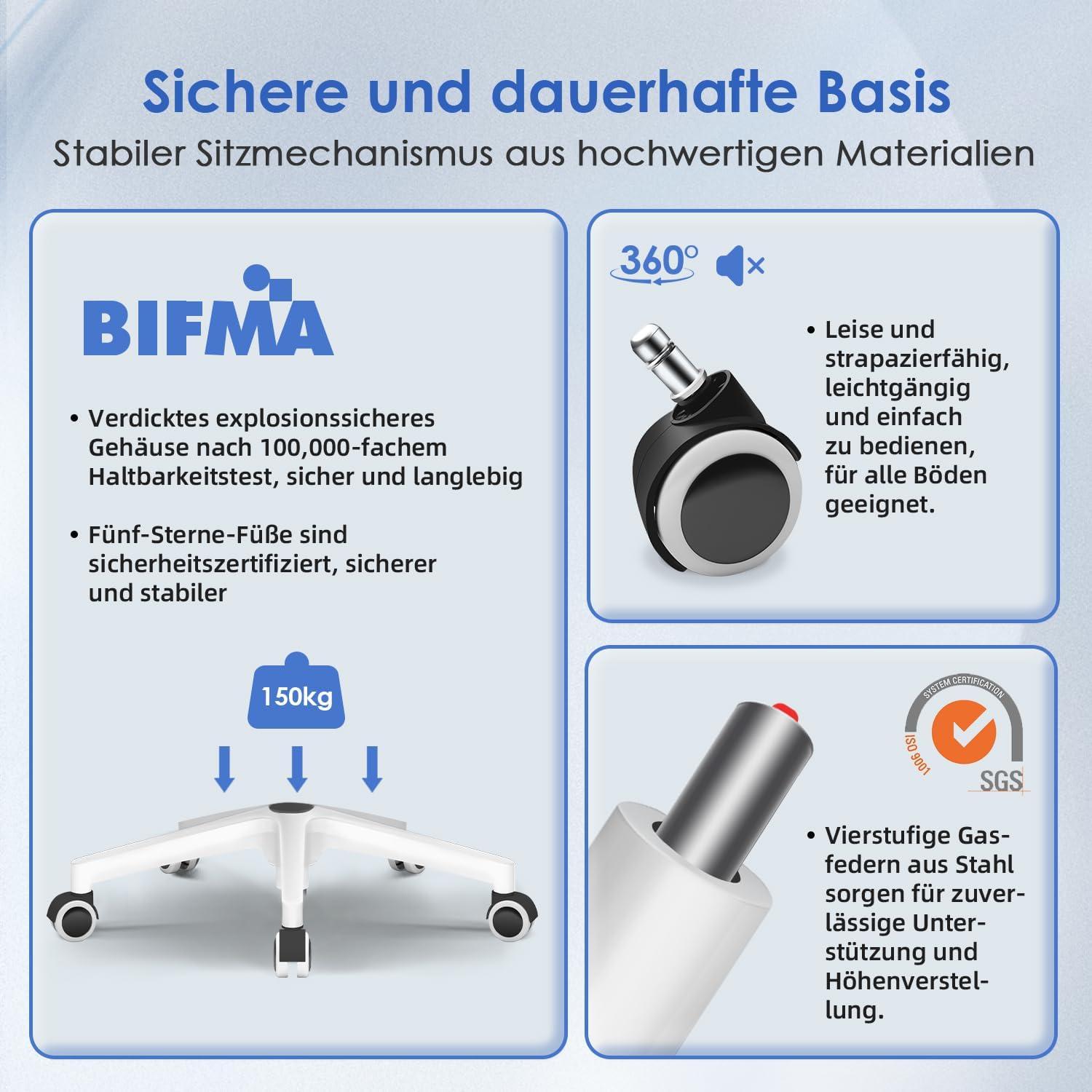 Ergonomischer Bürostuhl mit Lendenwirbelstütze, Grau, Atmungsaktive Rückenlehne, Verstellbare Armlehnen