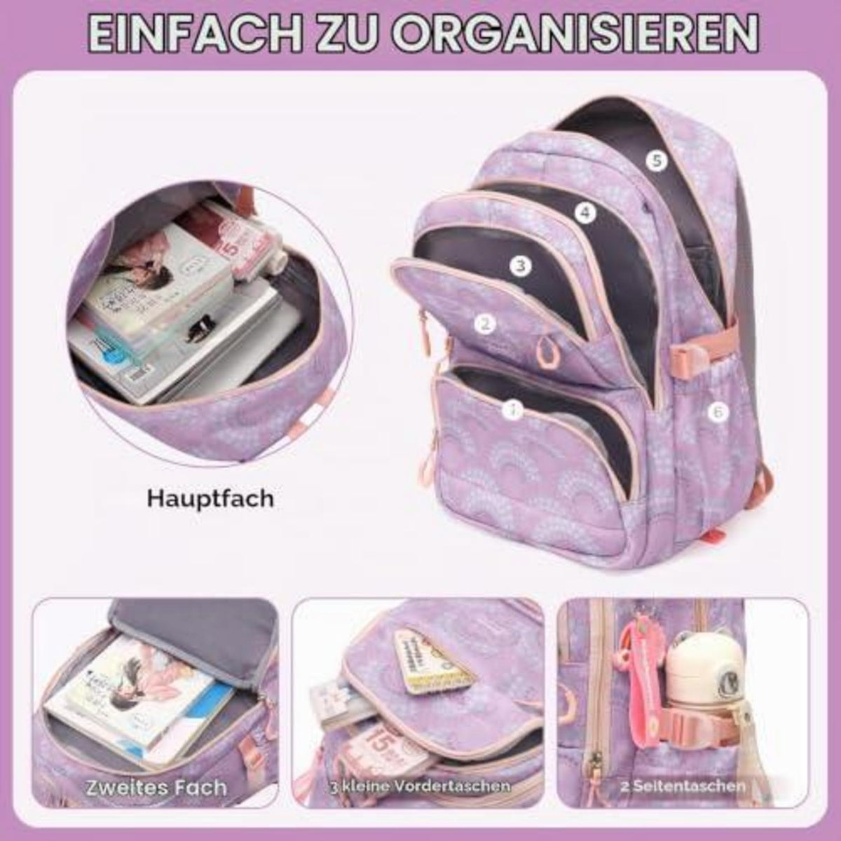 Kinderrucksack mit Rollen Lila – Schulrucksack Trolley für Mädchen