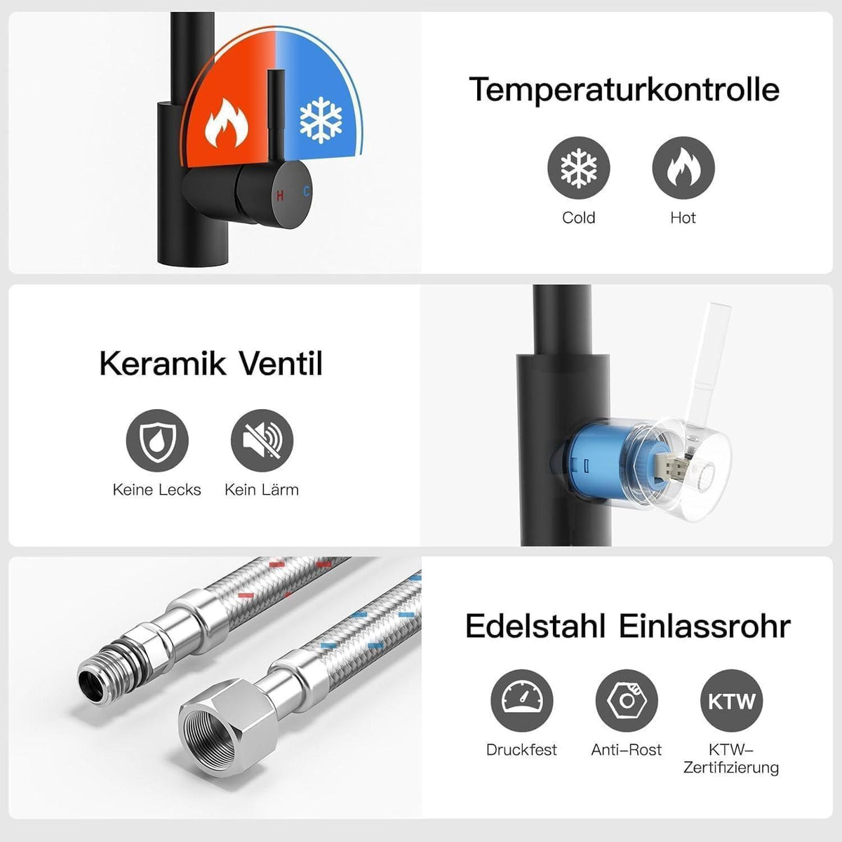Ausziehbarer Spültischarmatur Edelstahl Schwarz mit Brause & 360°