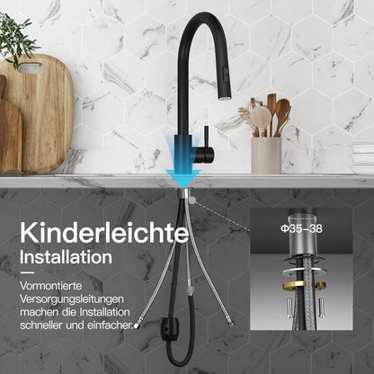 Ausziehbarer Spültischarmatur Edelstahl Schwarz mit Brause & 360°