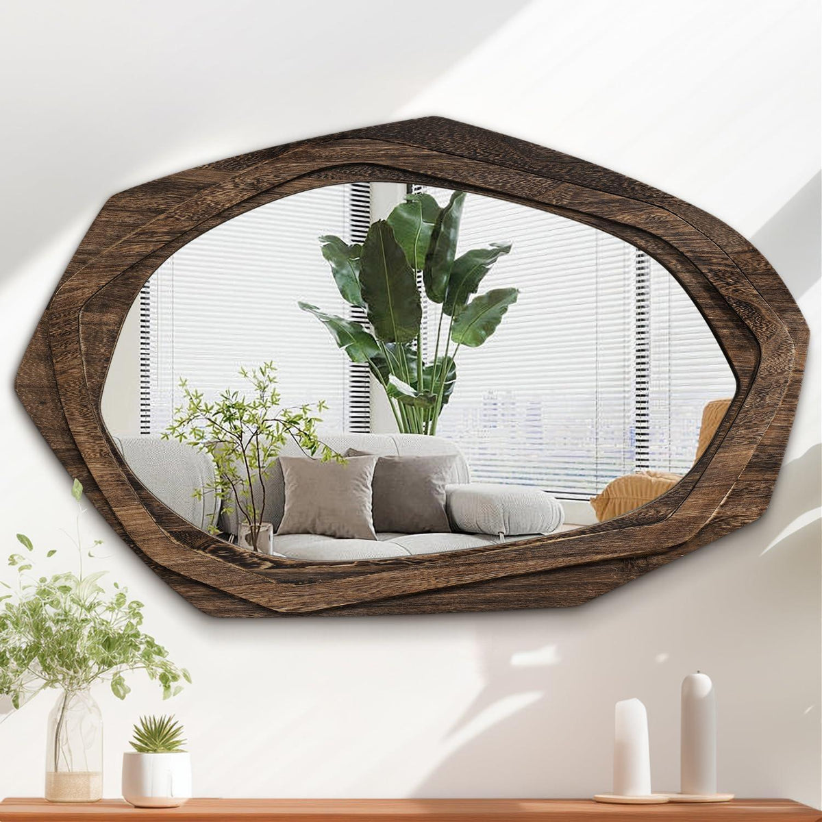 Asymmetrischer Wandspiegel mit Holzrahmen – 70x45 cm Retro Braun