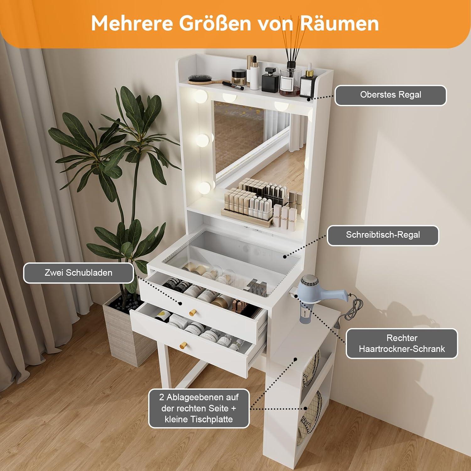 Schminktisch LED-Beleuchtung Schubladen Seitenschrank Gläsplatte