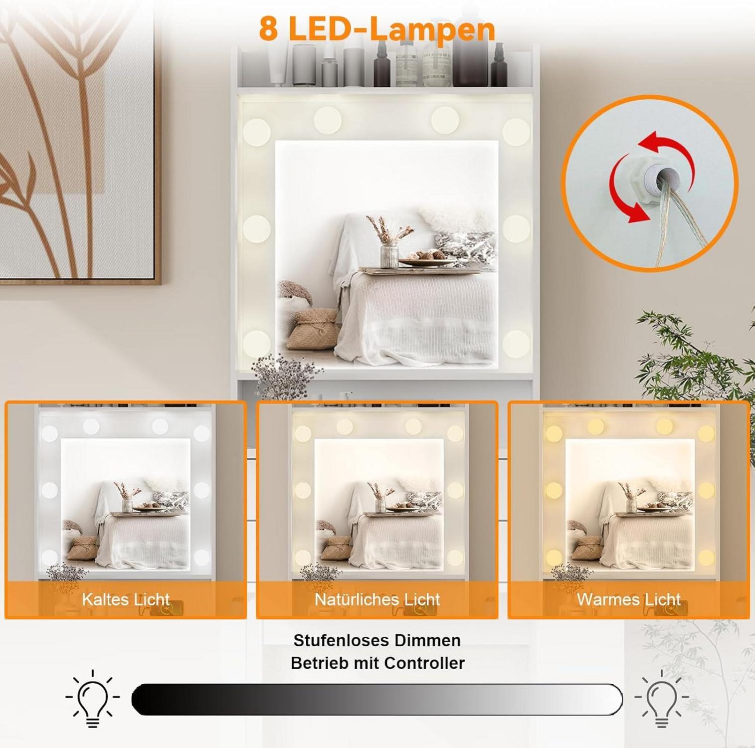 Fullwatt Schminktisch mit LED-Beleuchtung und Steckdose, Kosmetiktisch mit Spiegel, 2 Schubladen, 1 Seitenschrank, Einstellbare Helligkeit, Glasplatte