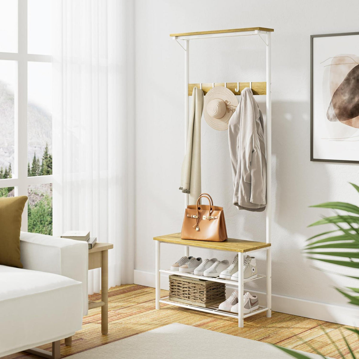 Holz Garderobenständer mit Sitzbank & Schuhregal Weiß
