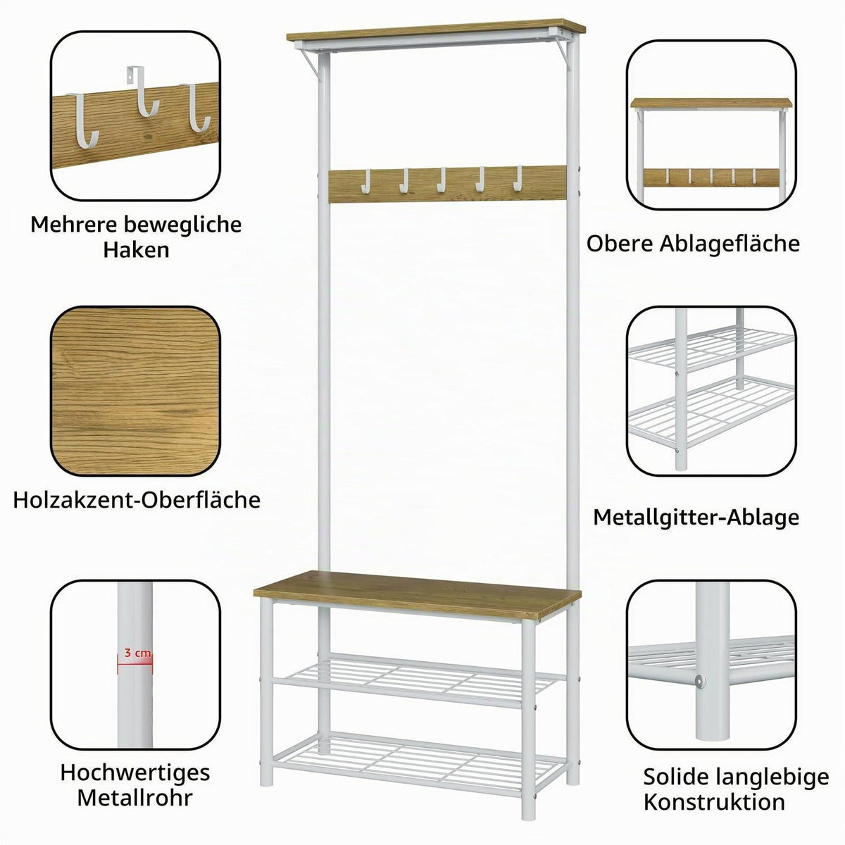 Holz Garderobenständer mit Sitzbank & Schuhregal Weiß