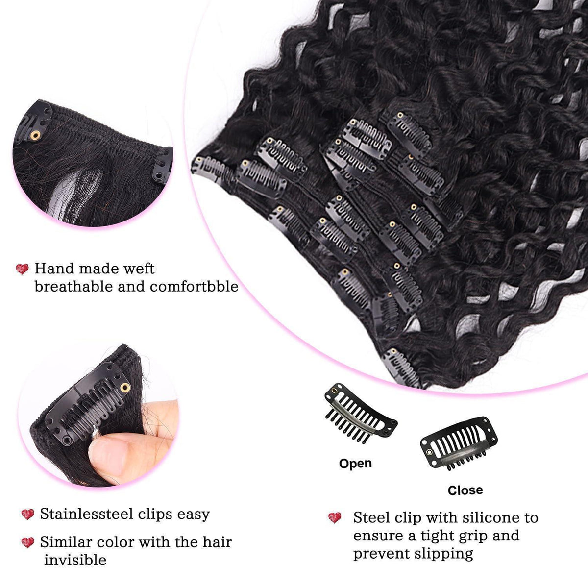 Kinky Curly Clip-in Haarverlängerung Echthaar 45cm Schwarz