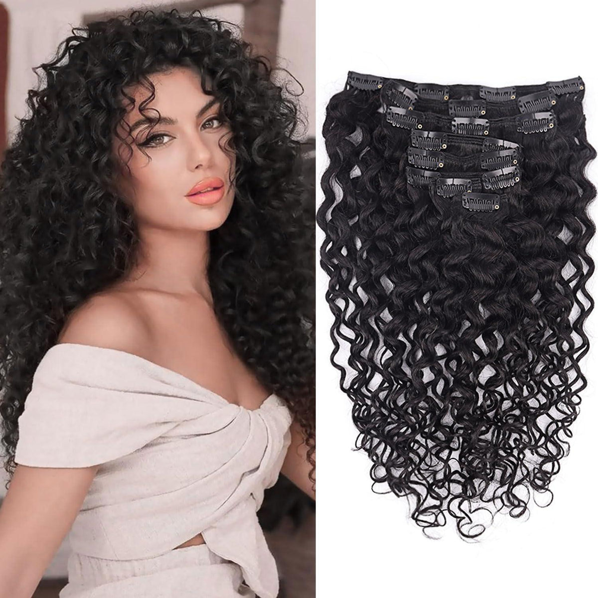 Kinky Curly Clip-in Haarverlängerung Echthaar 50cm Schwarz