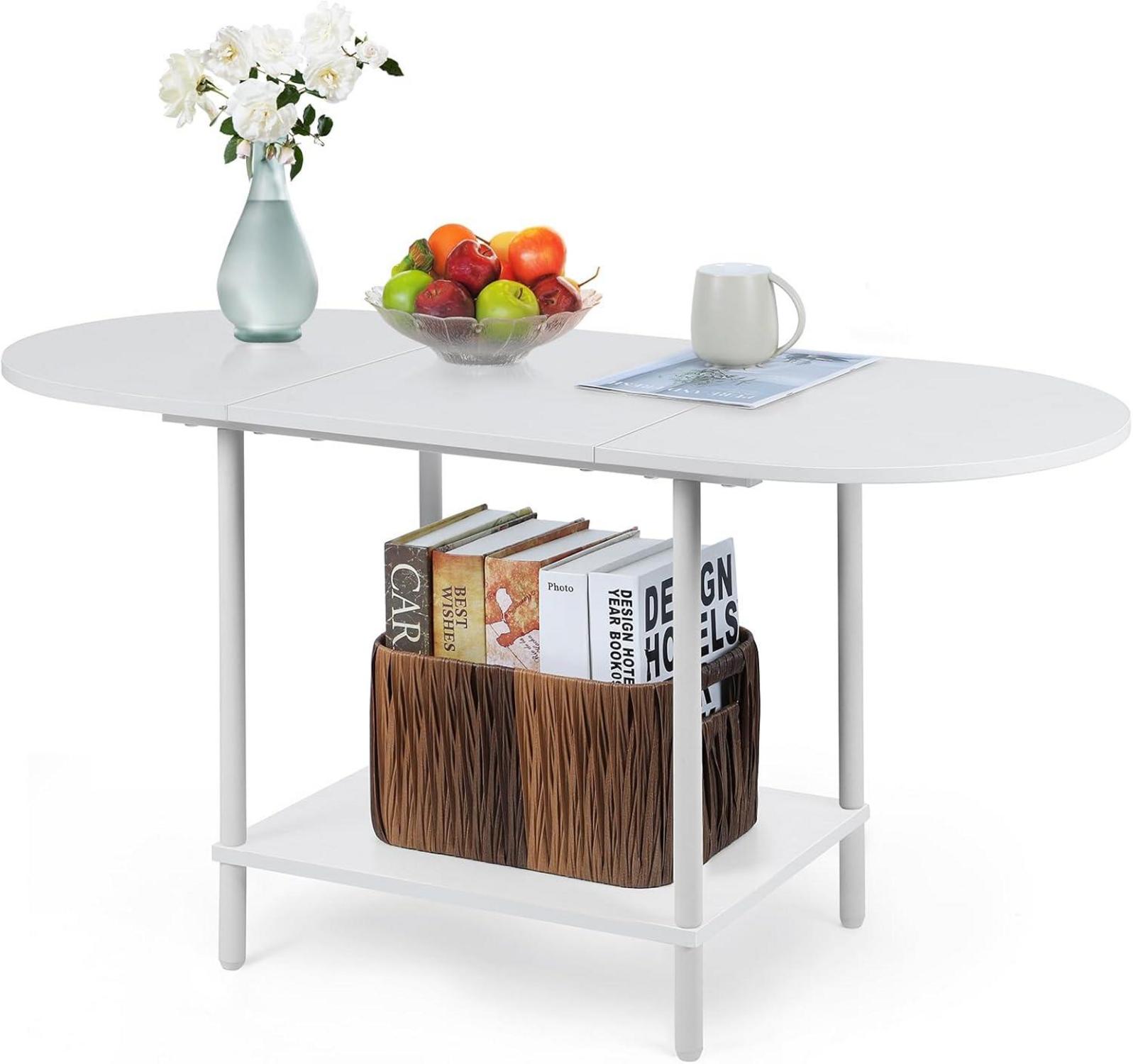 Ovaler Couchtisch 2-stufiger Ablagefach Weiß Holz Metallrahmen