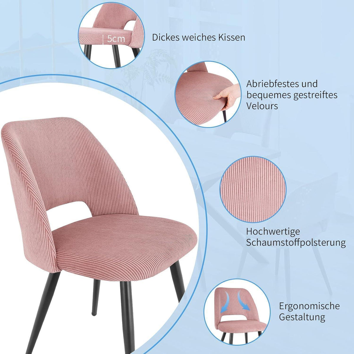Esszimmerstühle 6er Set, Samt, Rosa – Modern & Komfortabel