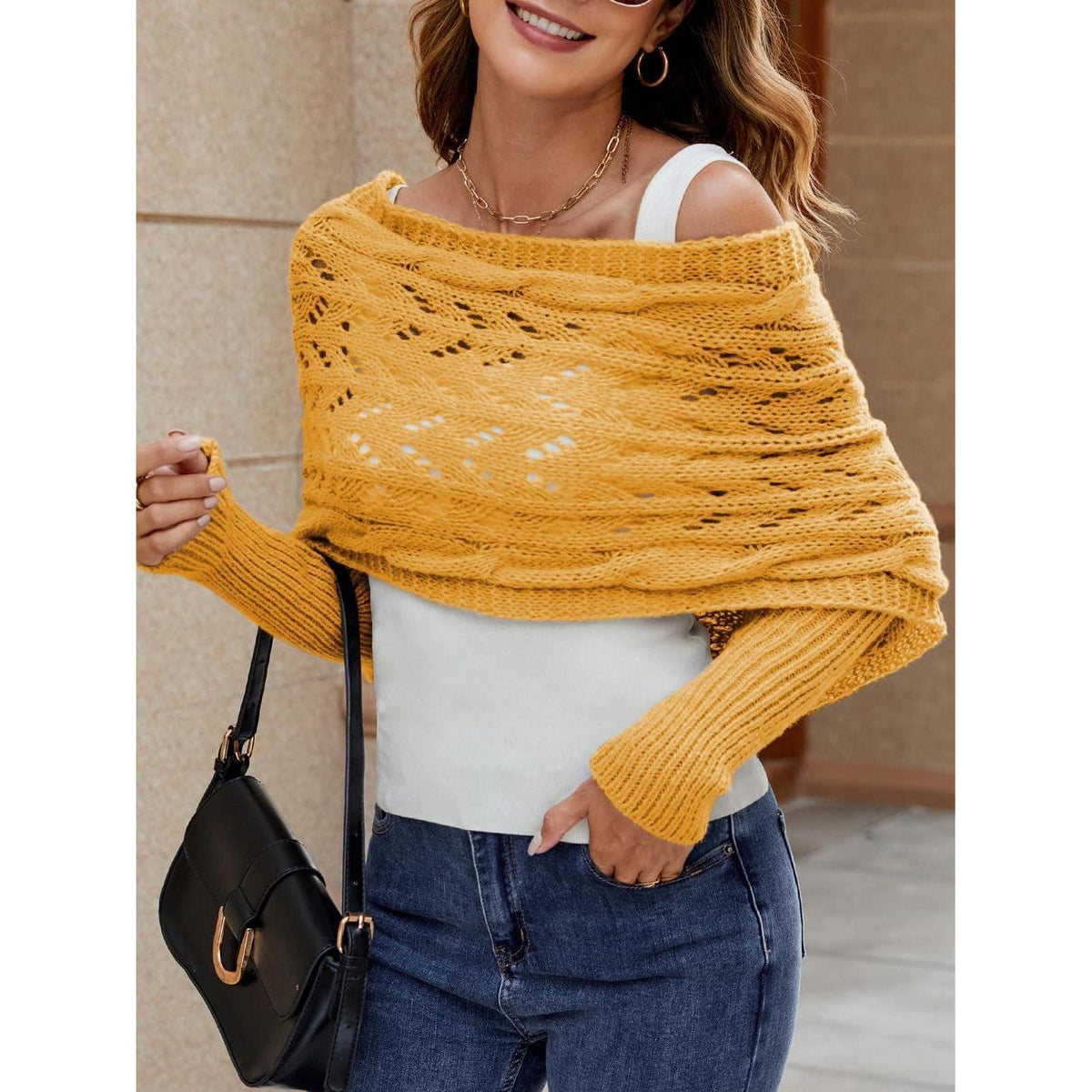 Schal mit Ärmeln Damen – Warmer Poncho Einheitsgröße Gelb