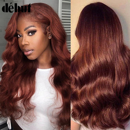 Rötlichbraune Body Wave Lace Front Perücke Echthaar mit Babyhaar 65cm