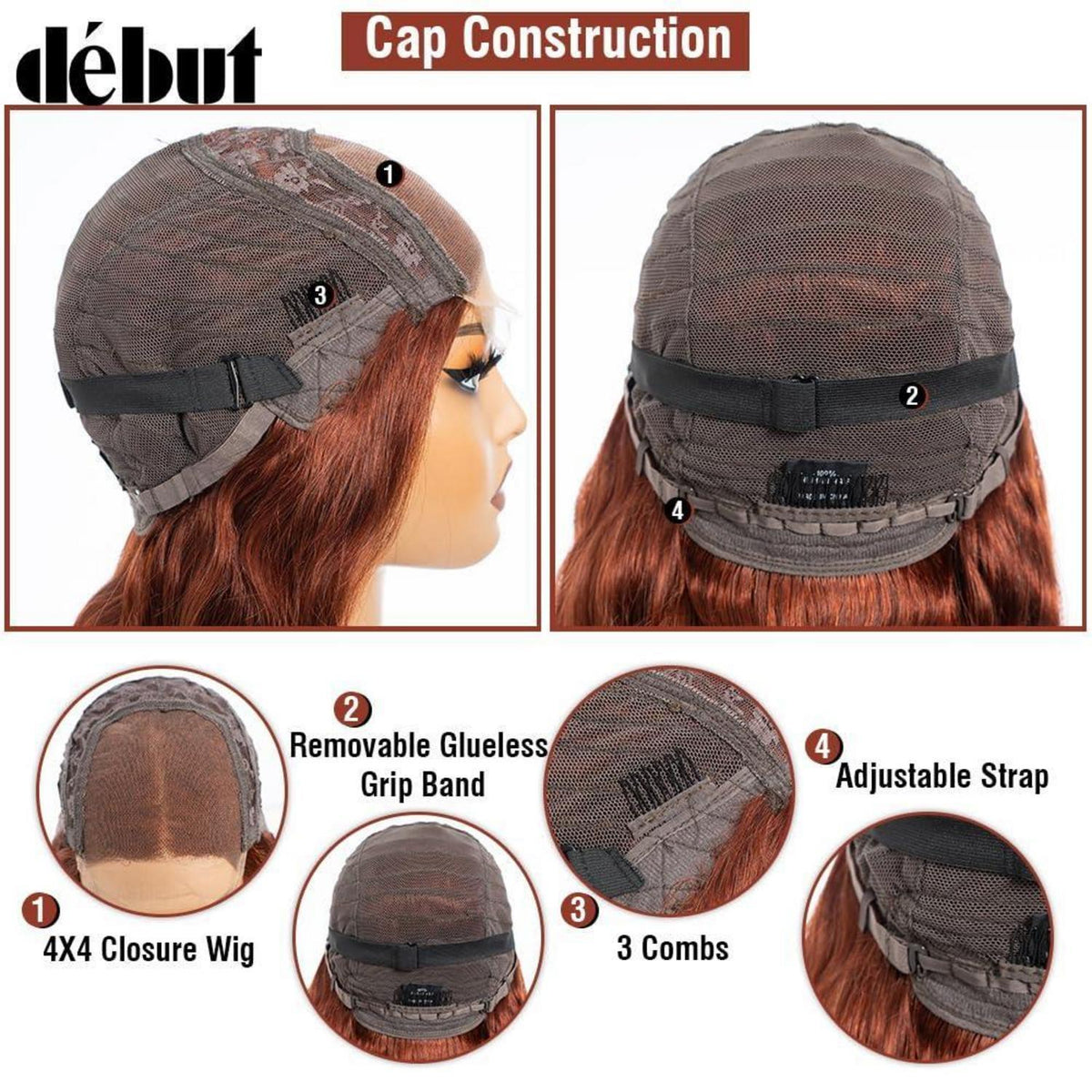 Rötlichbraune Body Wave Lace Front Perücke Echthaar mit Babyhaar 65cm