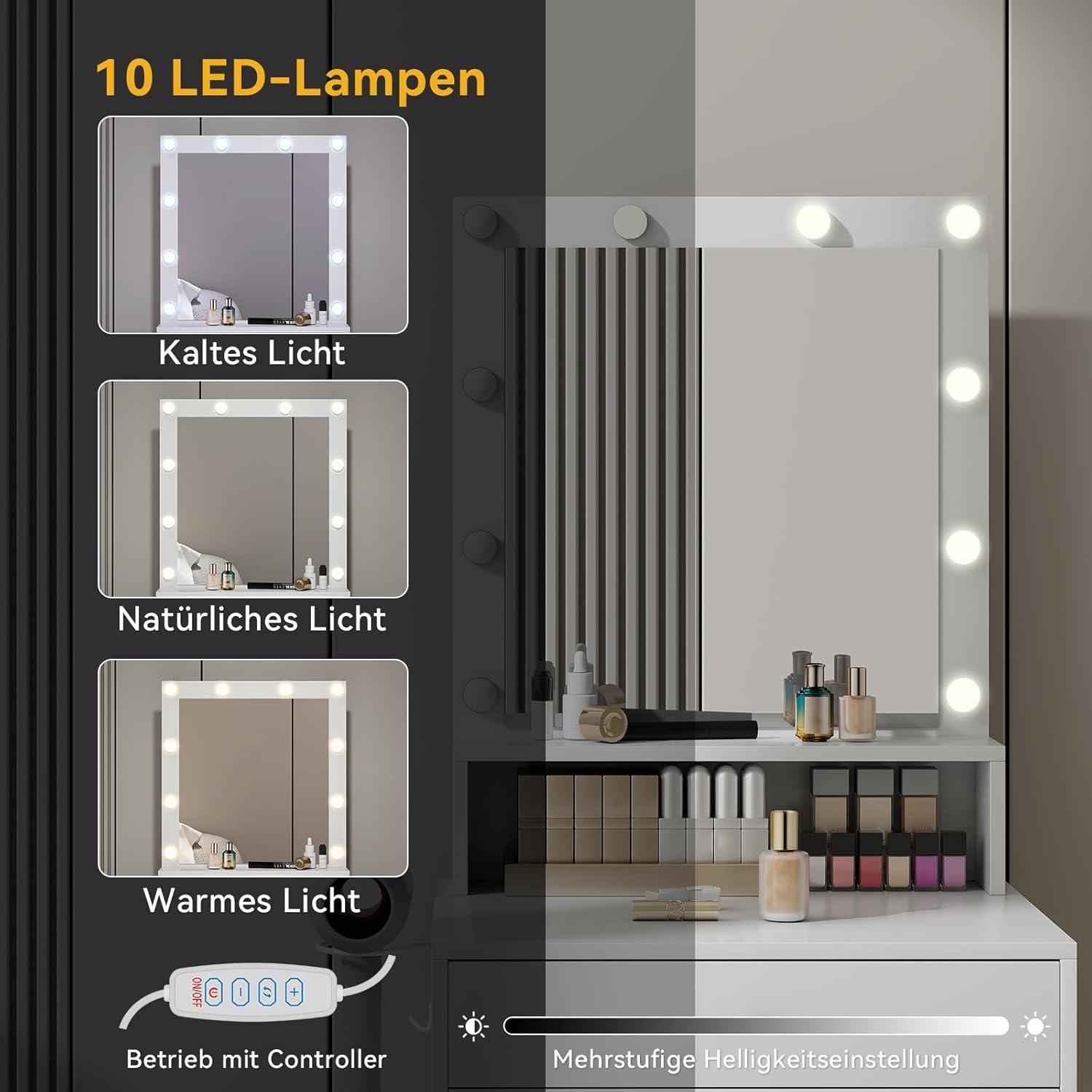 Fullwatt Schminktisch LED-Beleuchtung Spiegel Hocker 3 Farben Helligkeit 2 Schubladen Offene Fächer Haartrocknerhalter Modern