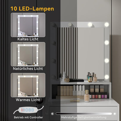 Fullwatt Schminktisch LED-Beleuchtung Spiegel Hocker 3 Farben Helligkeit 2 Schubladen Offene Fächer Haartrocknerhalter Modern