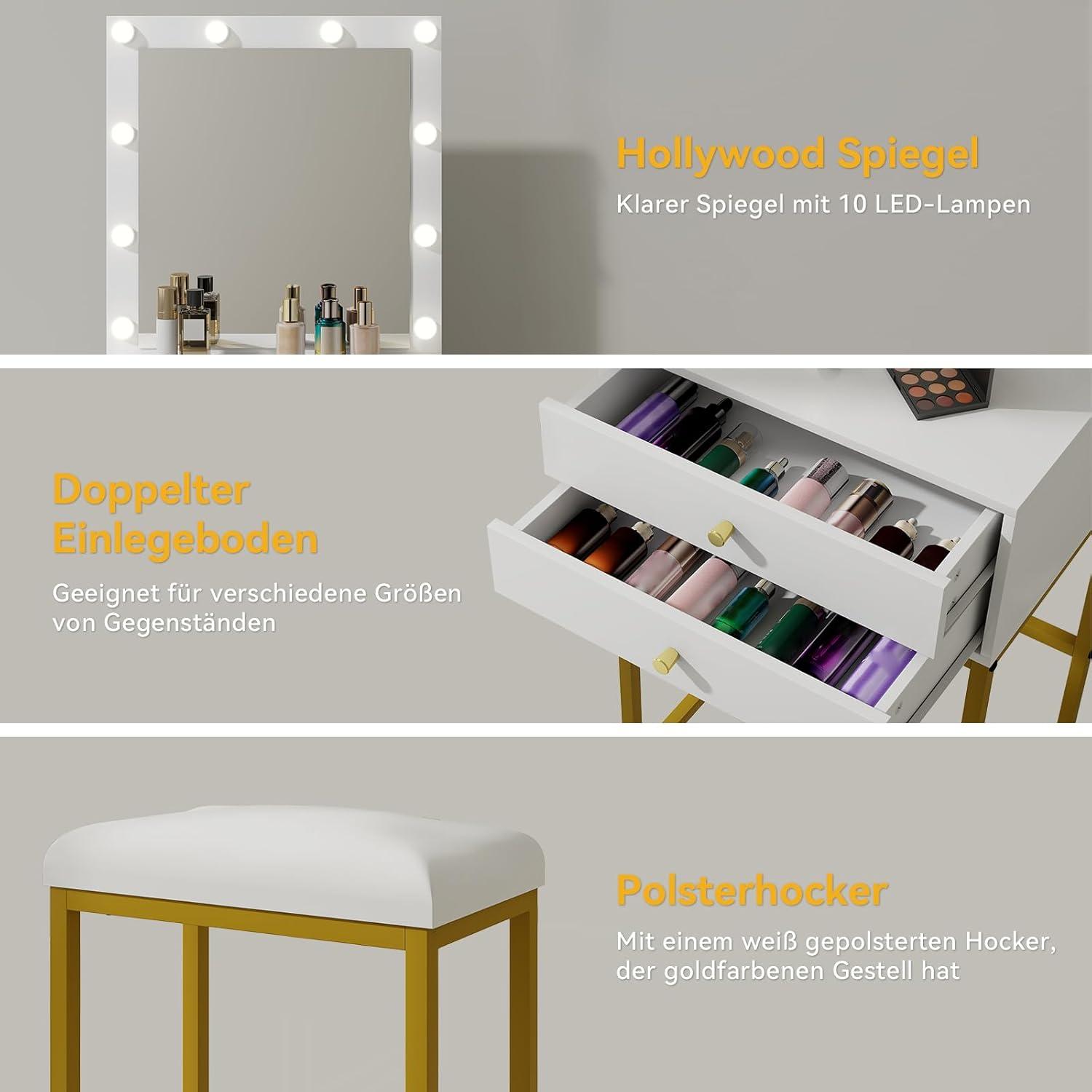 Schminktisch LED-Beleuchtung, Frisiertisch Spiegel Hocker, Weiß Gold