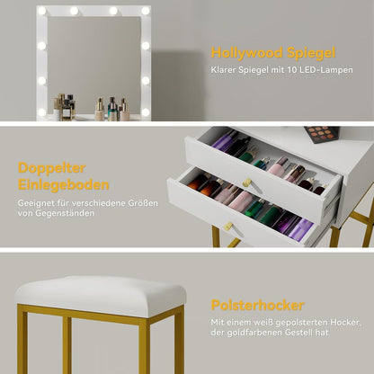 Schminktisch LED-Beleuchtung, Frisiertisch Spiegel Hocker, Weiß Gold