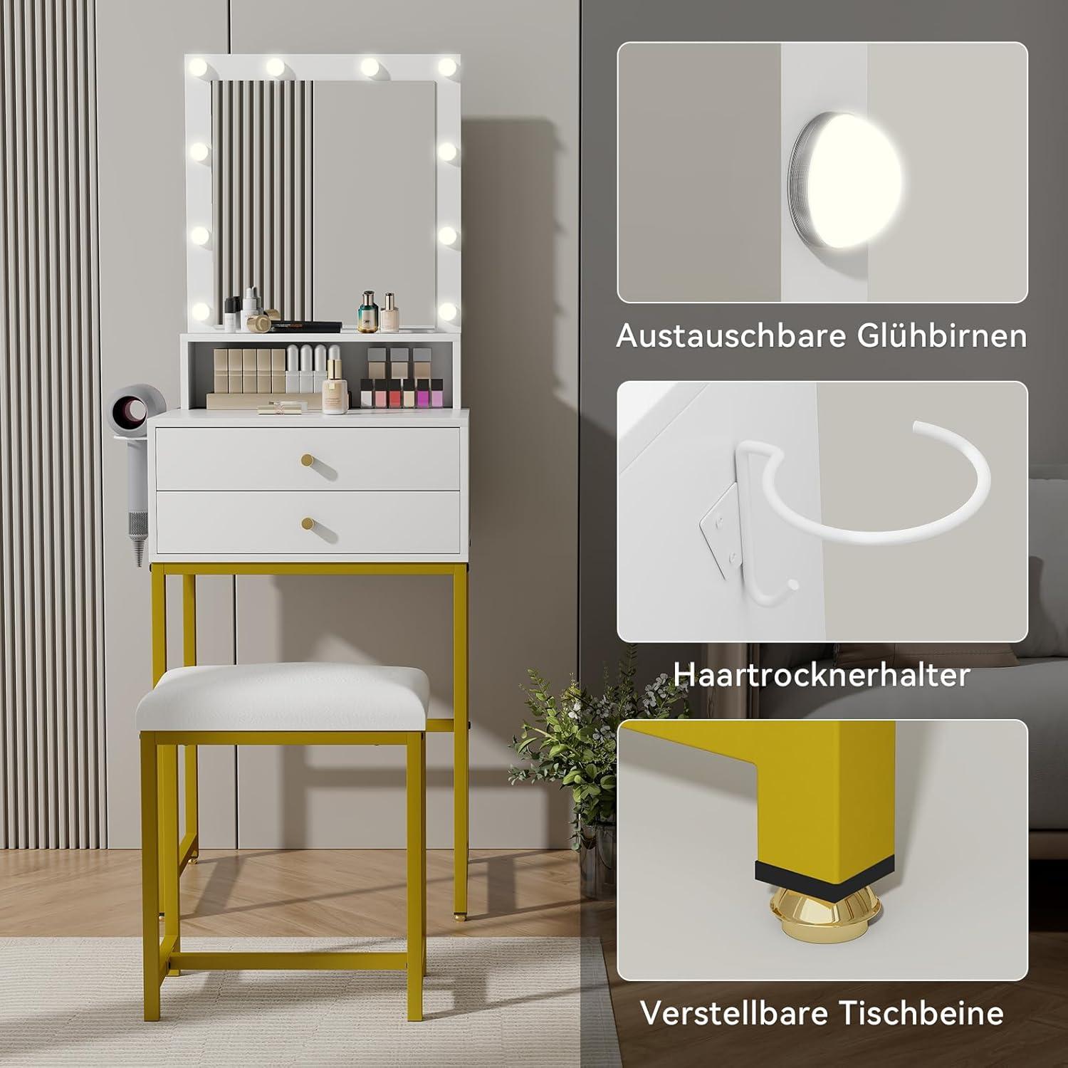 Schminktisch LED-Beleuchtung, Frisiertisch Spiegel Hocker, Weiß Gold