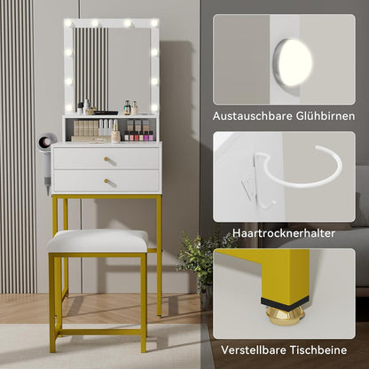 Schminktisch LED-Beleuchtung, Frisiertisch Spiegel Hocker, Weiß Gold