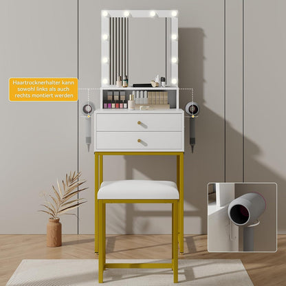 Fullwatt Schminktisch LED-Beleuchtung Spiegel Hocker 3 Farben Helligkeit 2 Schubladen Offene Fächer Haartrocknerhalter Modern