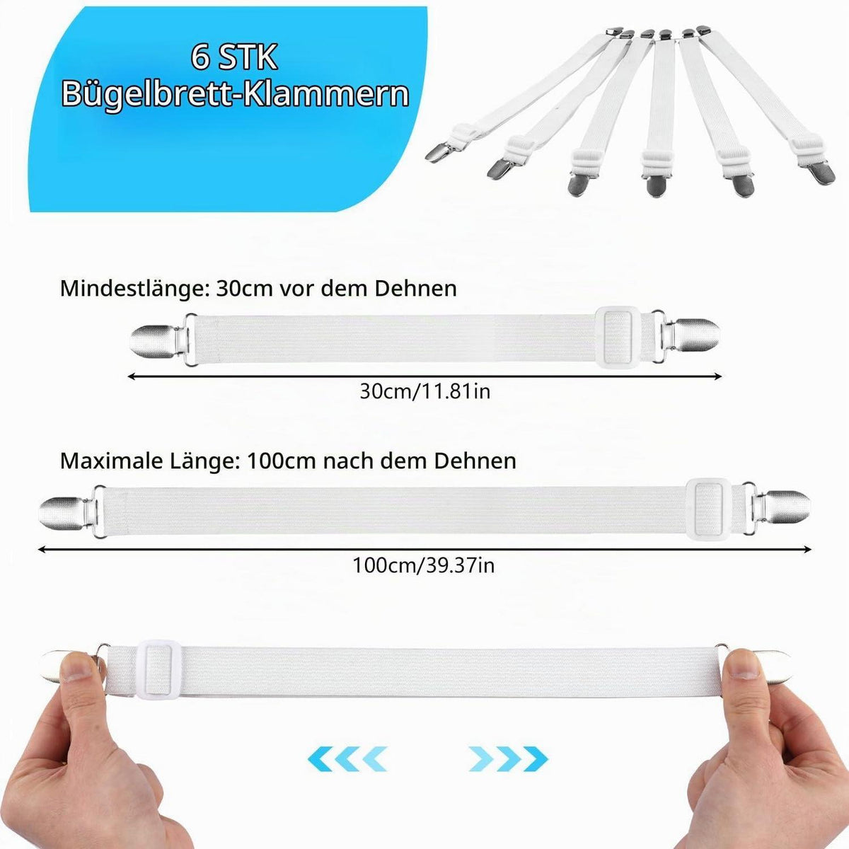 6x Bettlakenklammern Verstellbar 30-100cm – Elastische Spanngurte