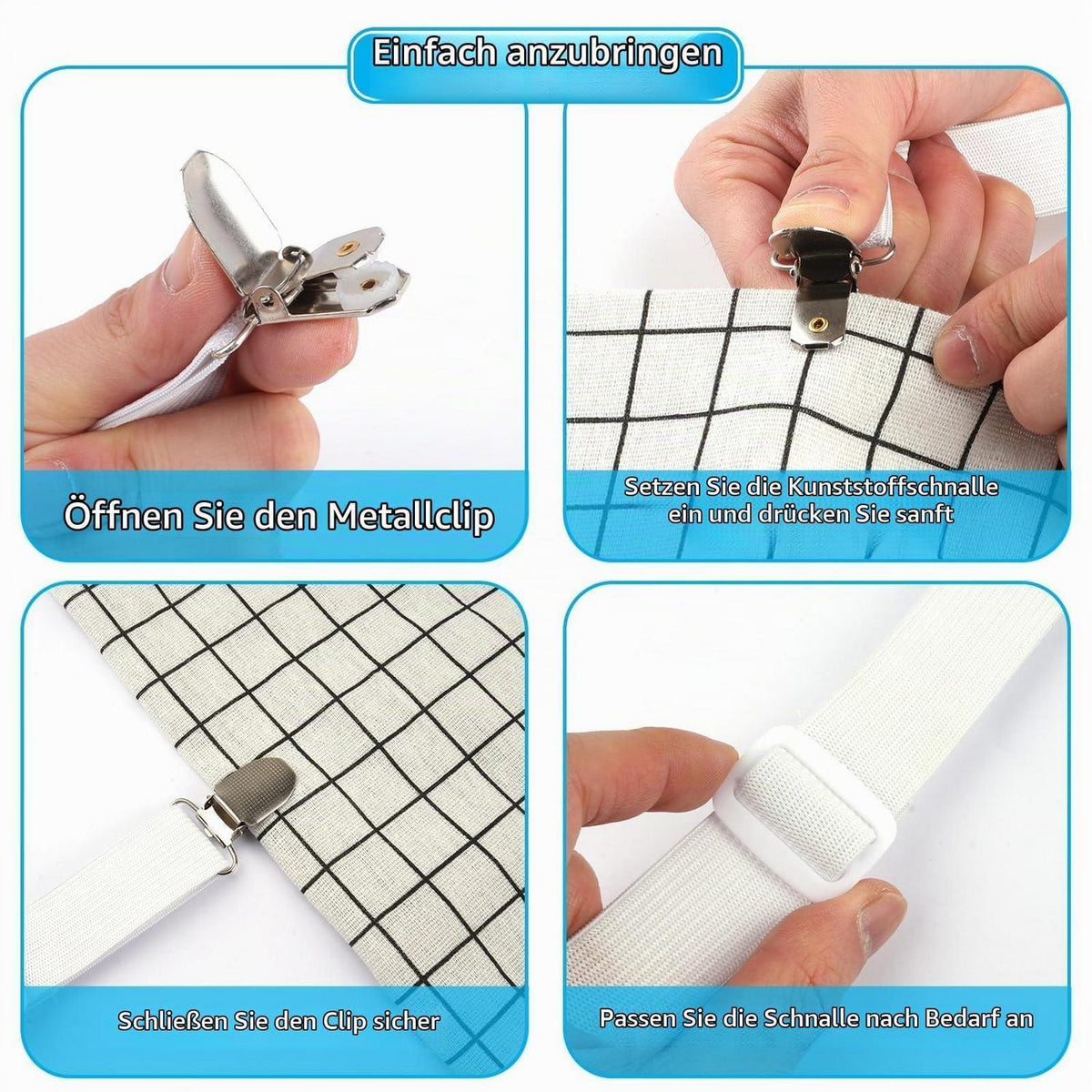 6x Bettlakenklammern Verstellbar 30-100cm – Elastische Spanngurte