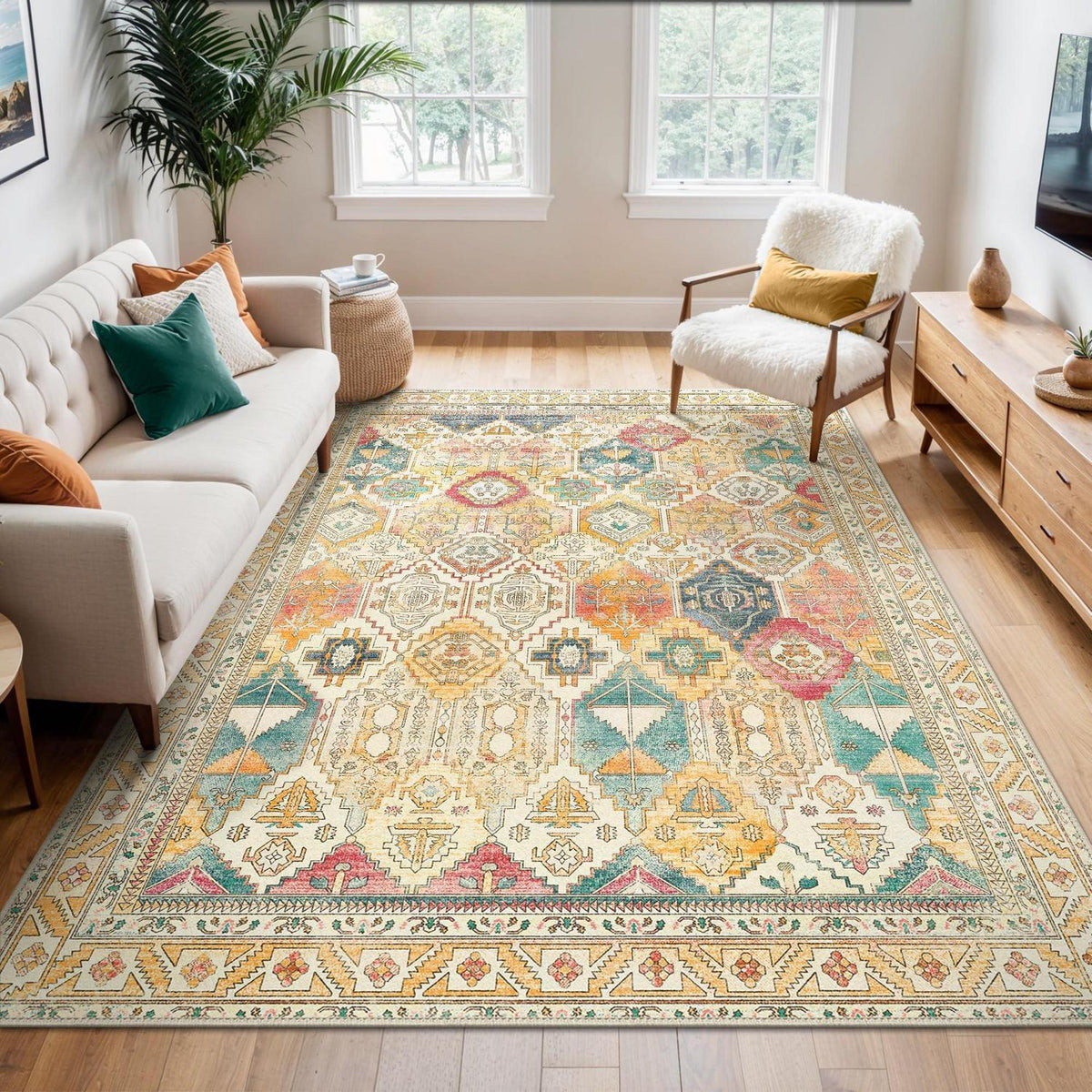 Vintage Teppich Wohnzimmer 160x230cm Gelb Mehrfarbig Rechteckig