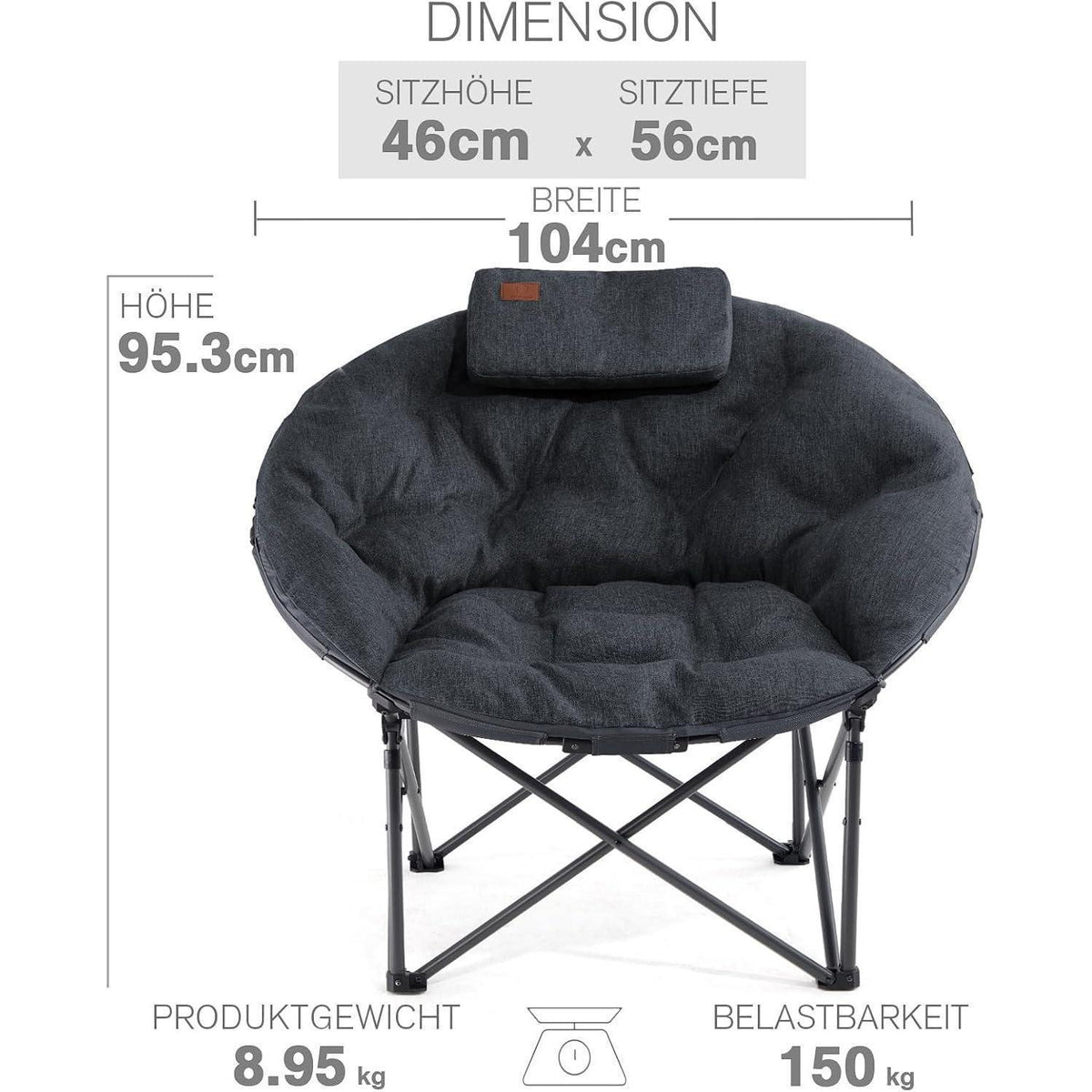 XXL Moonchair Campingstuhl mit Kopfkissen, 150kg belastbar, Schwarz