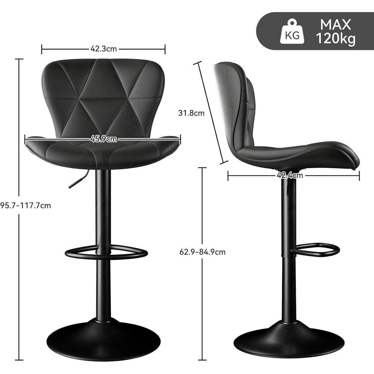 Barhocker 2er Set höhenverstellbar mit Rückenlehne, Hellgrau