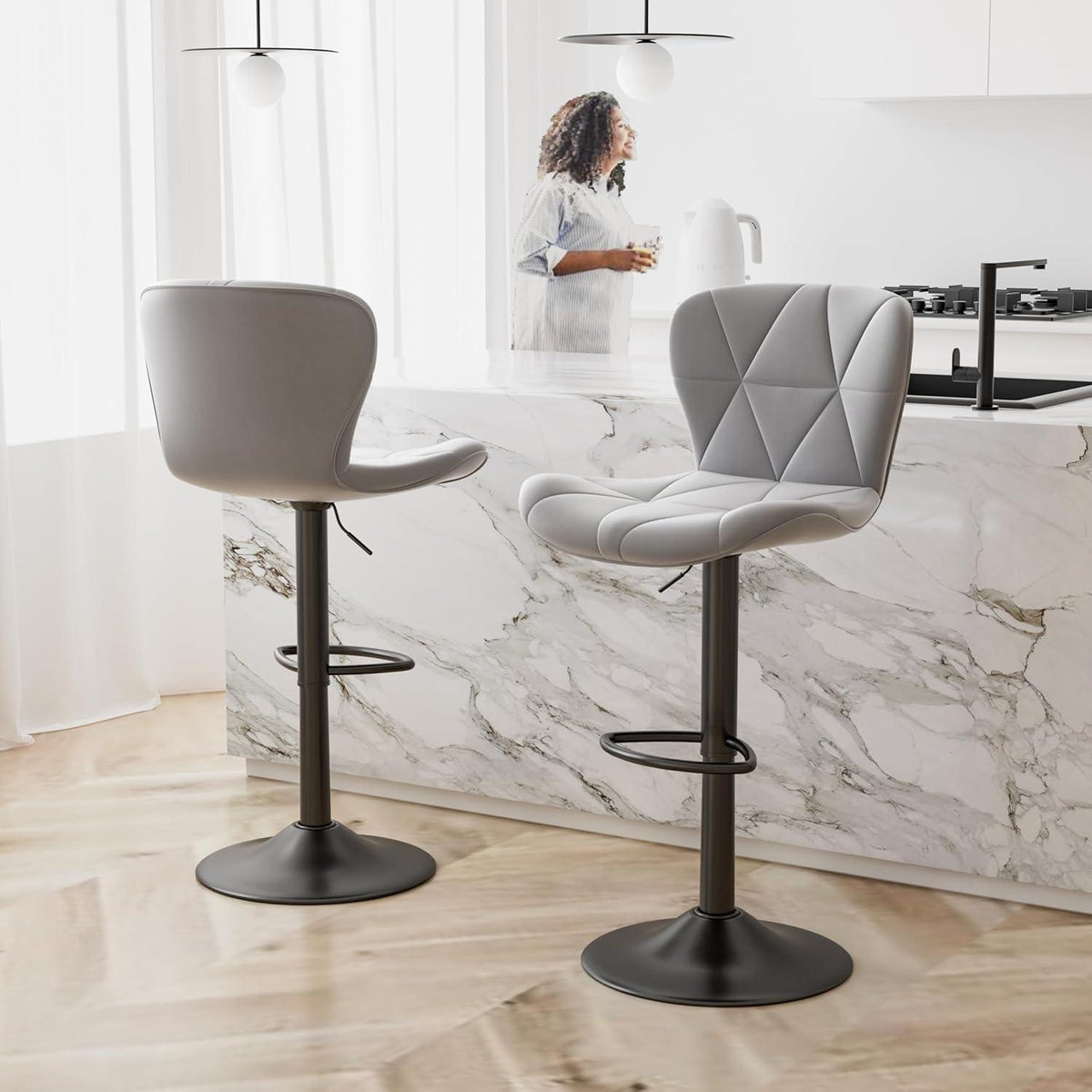Barhocker 2er Set höhenverstellbar mit Rückenlehne, Hellgrau