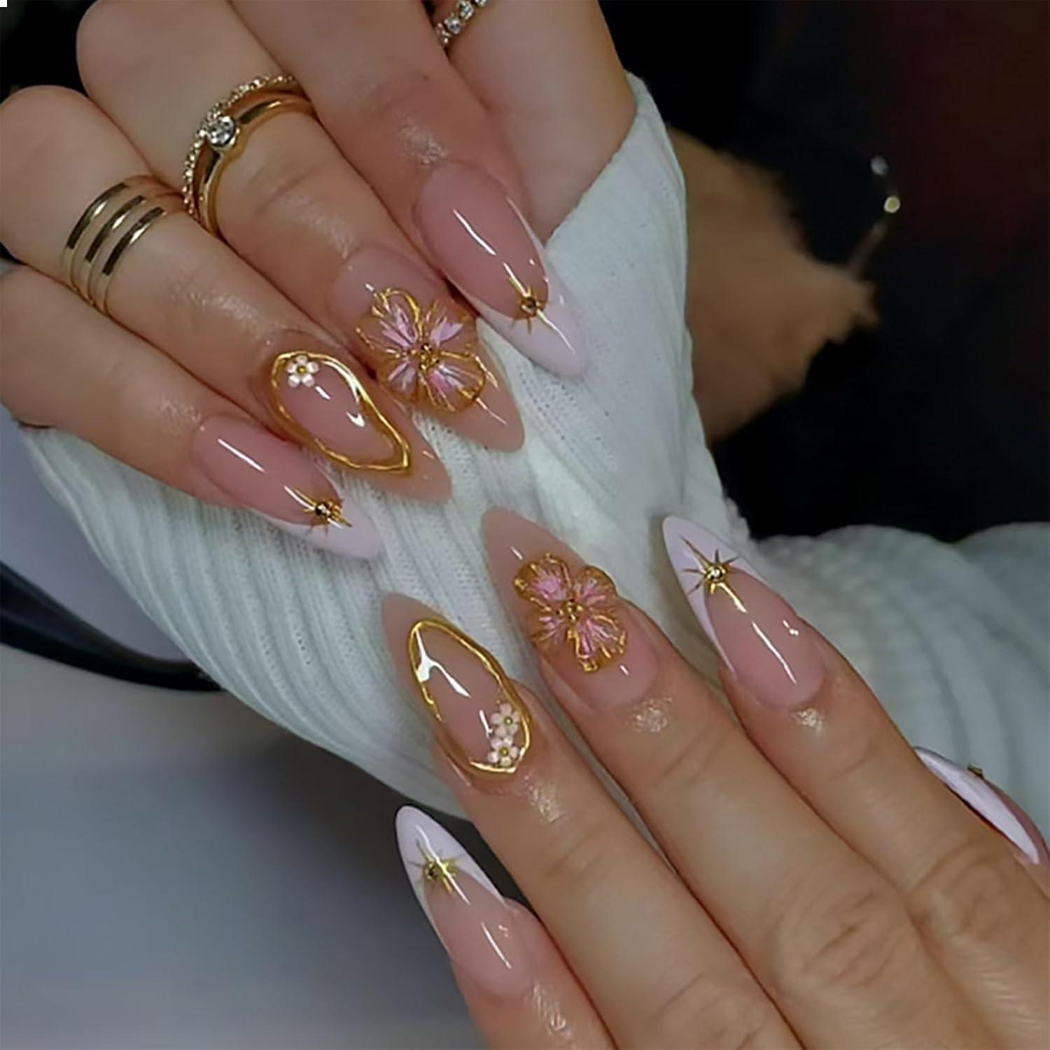 24 Blumen Press On Nails French Tip Mandel Mittel 3D Designs Nude