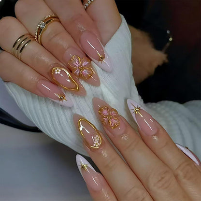 24 Blumen Press On Nails French Tip Mandel Mittel 3D Designs Nude