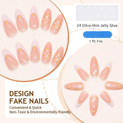 24 Blumen Press On Nails French Tip Mandel Mittel 3D Designs Nude