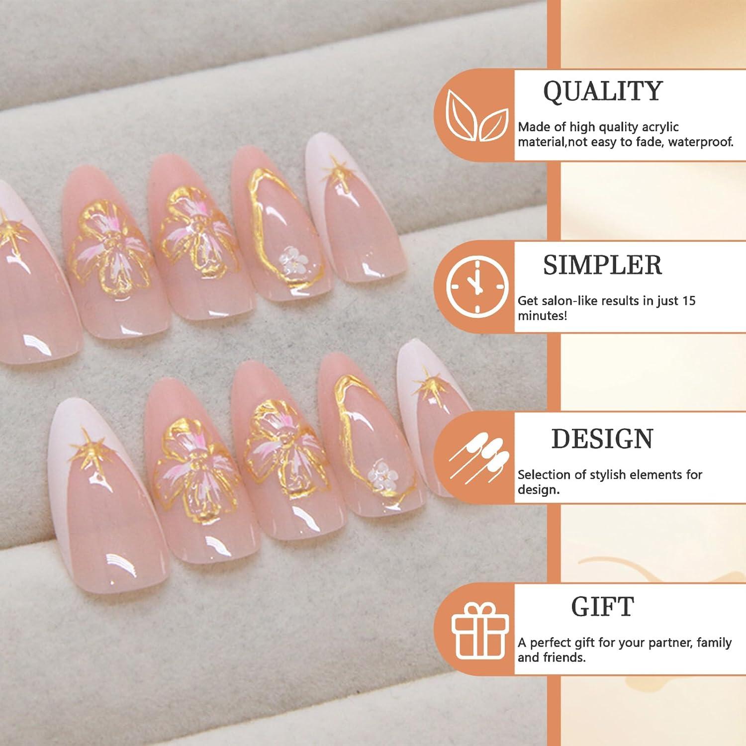24 Stück Blumen Press On Nägel French Tip Mandel Mittel 3D Blumen Designs Herbst Nude Nagelspitzen