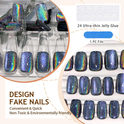 24er Set Glitzernde Quadratische Falsche Nägel in Schwarz