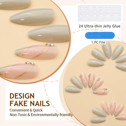 24 Stk. Grüne Mandel-Drucknägel mit Goldlinien und Rhinestone-Design