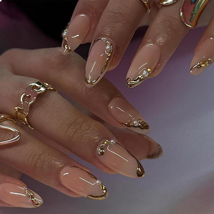 24er Set Goldene French Tip Press on Nägel mit Juwel-Design