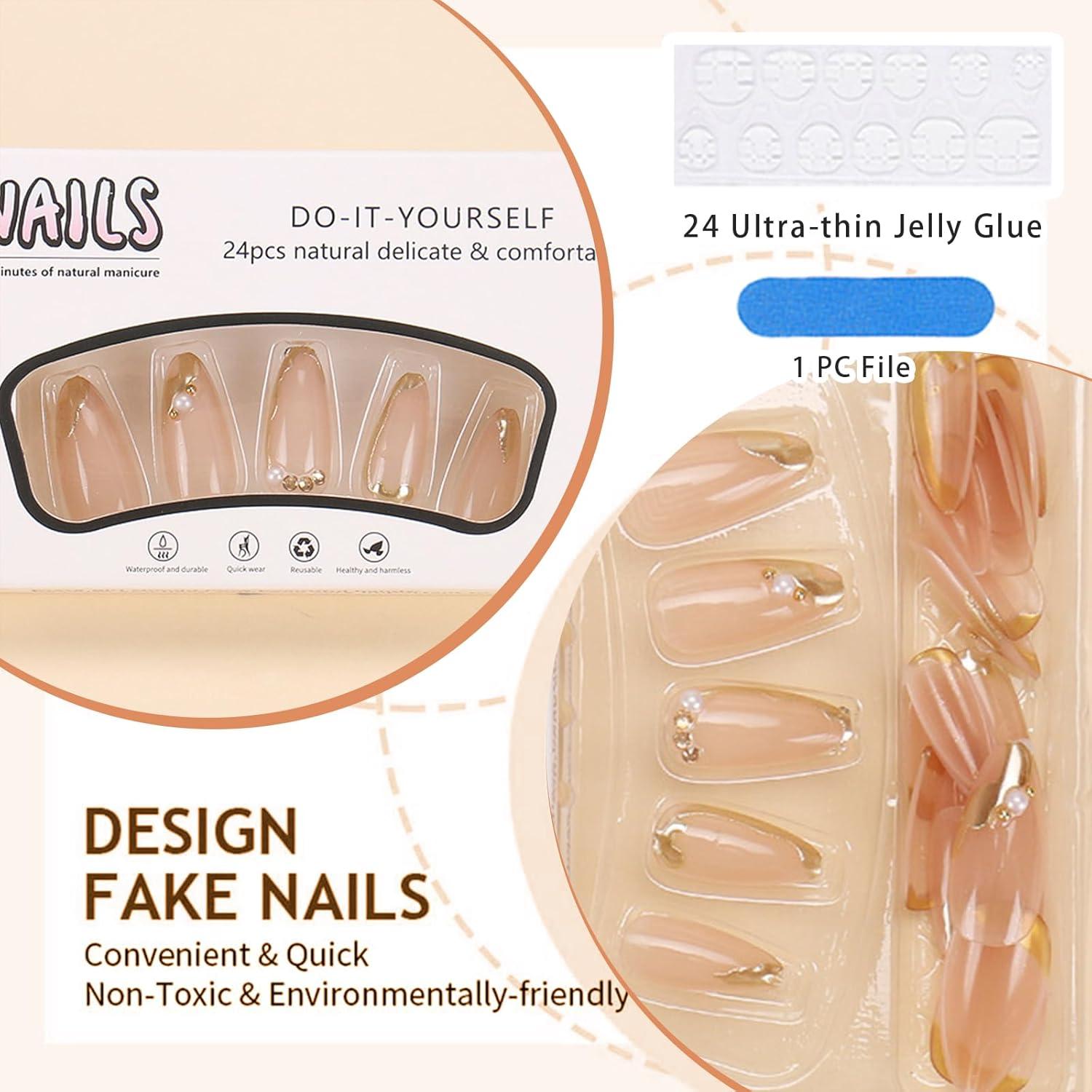 24er Set Goldene French Tip Press on Nägel mit Juwel-Design