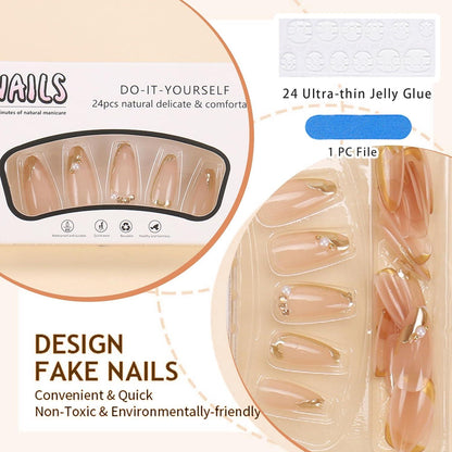 24er Set Goldene French Tip Press on Nägel mit Juwel-Design