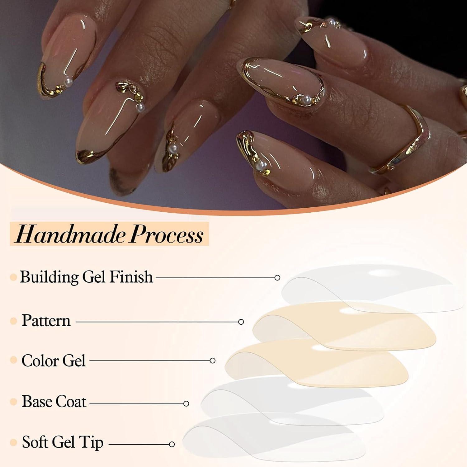 24er Set Mittel Mandel French Tip Press on Nägel mit Perlen Gold Glänzend