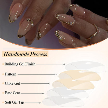 24er Set Mittel Mandel French Tip Press on Nägel mit Perlen Gold Glänzend