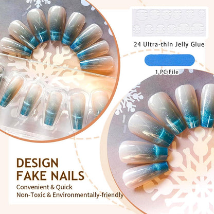 Blau Ombré Falsche Nägel - 24Pcs Quadratische Form Glitzer Sarg Nägel