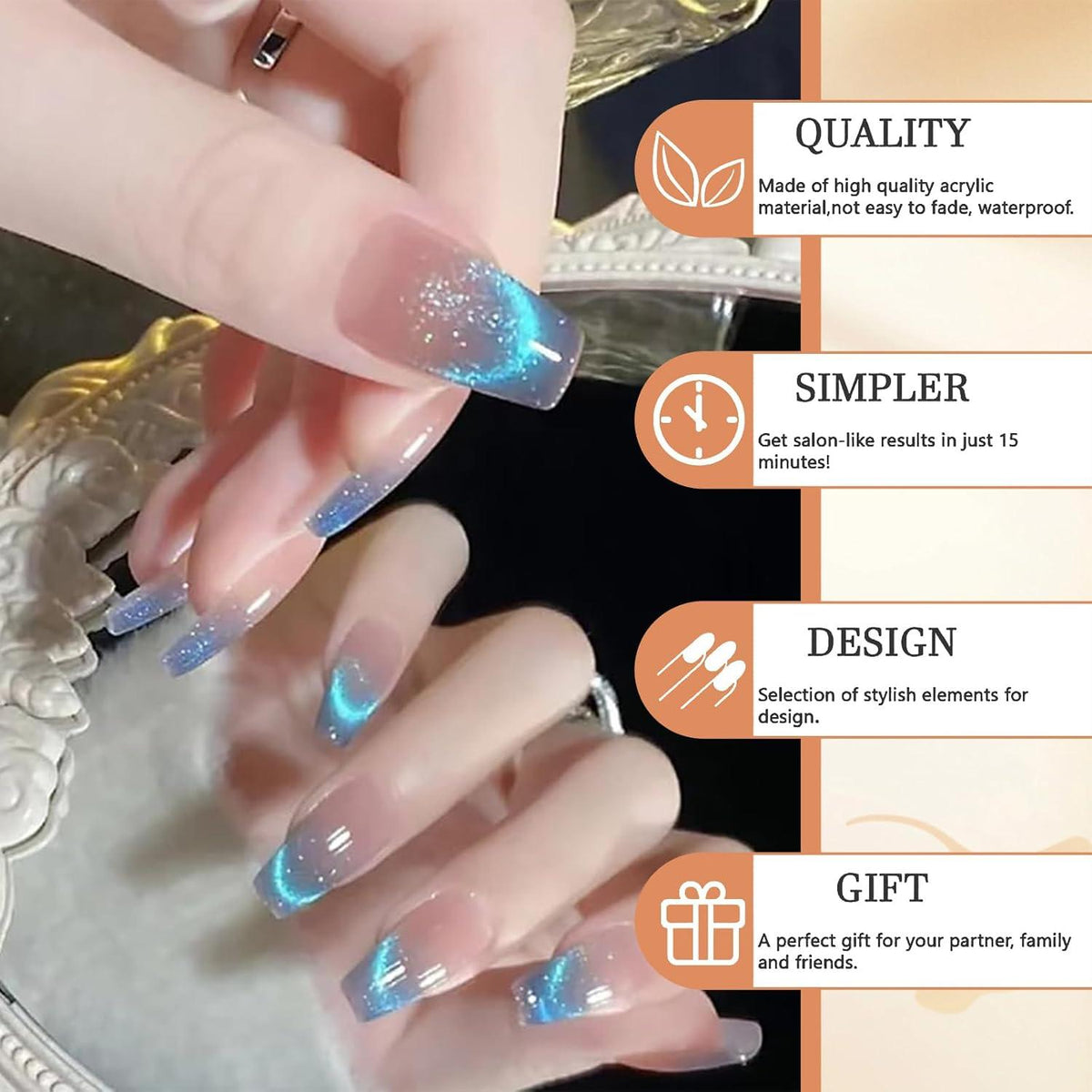 24Pcs Blaue Ombré Press On Nägel Quadratisch Glitzer Sarg Nägel Full Cover Klebenägel