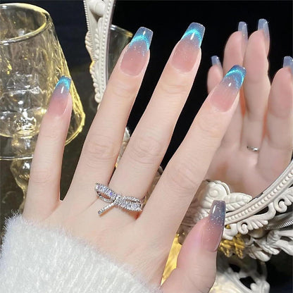 24x Blaue Ombré Press on Nägel Sargform Glitzer Quadratisch Falsche