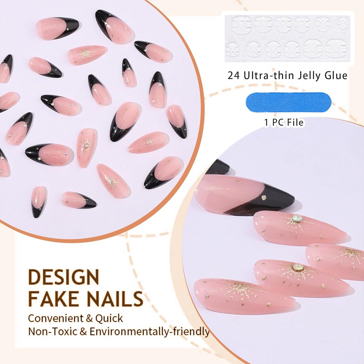 24 Stück Schwarze French Tips Press on Nails mit Diamant Sternen