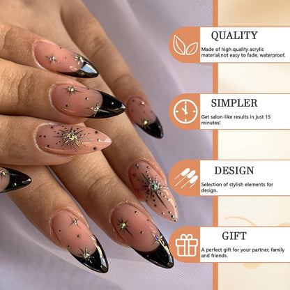 24 Stück Schwarze French Tips Press on Nails Mandel Akrylnägel